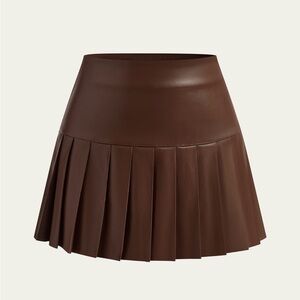 Commense Brown Faux Leather Pleated Mini Skirt